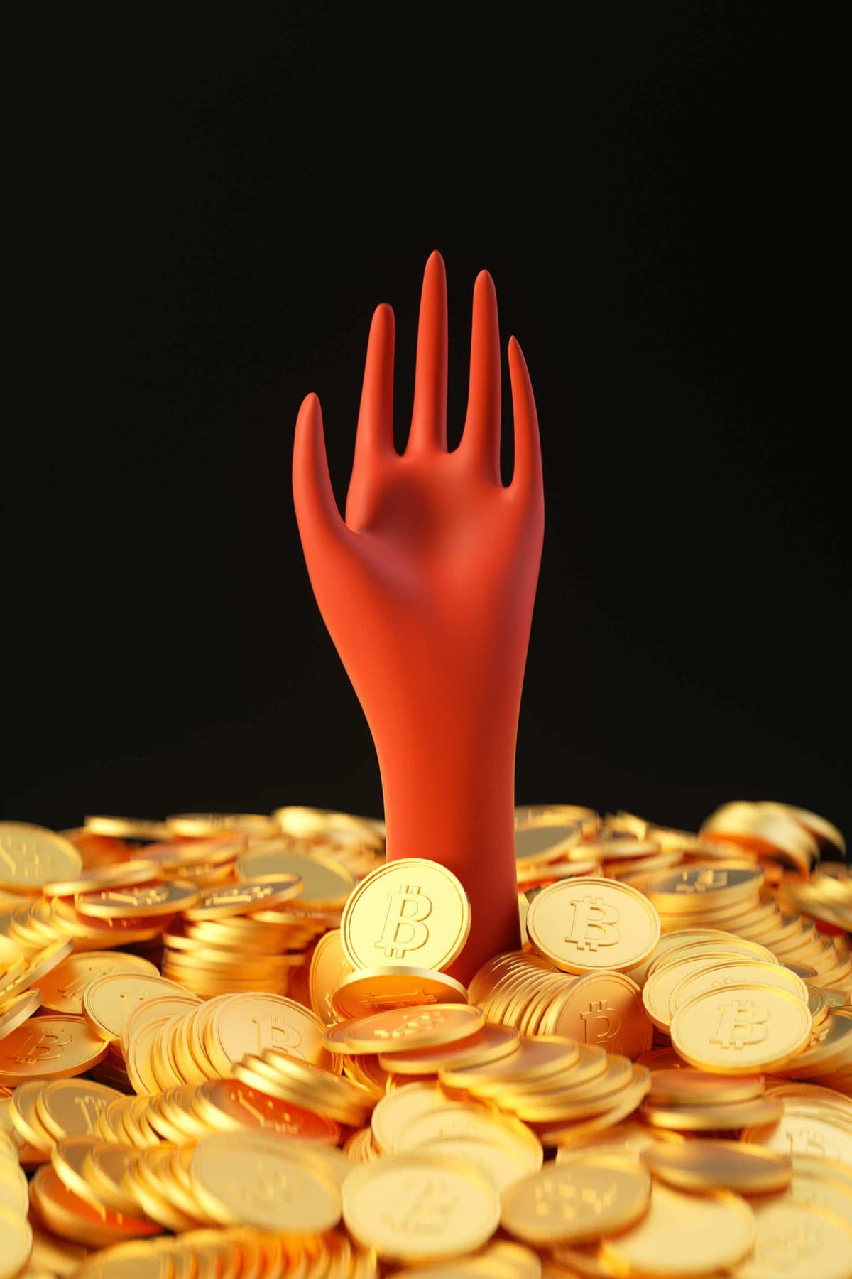 hand reaching up out of pool of gold bitcoin tokens